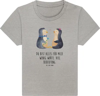 Produktbild von Mr. & Mrs. Panda  T-Shirt Pinguin Pärchen 0. - 6. Monat - Heather Grey - Geschenk, Hochzeitstag, Hochzeitsgeschenk, Liebe, Baby Kurzarmshirt, Kinder Oberteil, Shirt