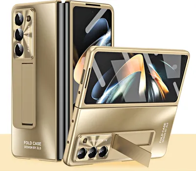 A gold-colored phone case for a foldable phone is displayed in a studio setting.