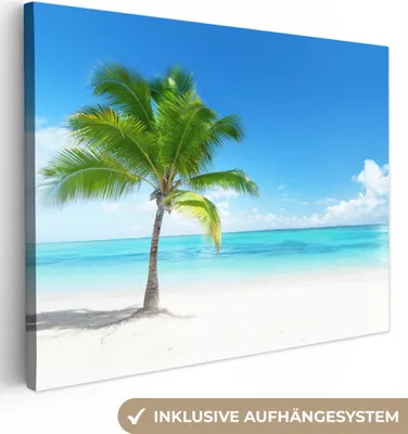 Produktbild von MuchoWow® - Leinwandbilder - Palme - Strand - Meer - Sommer, Wandbild, Wanddeko Bilder Wohnzimmer, 80x60 cm