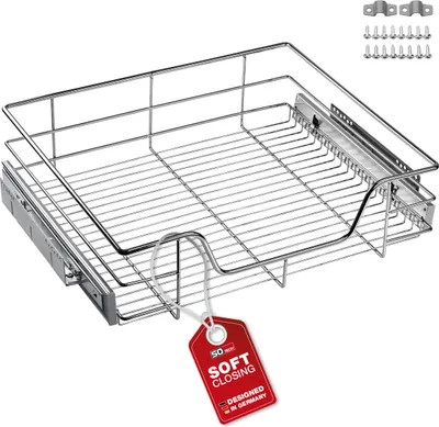 A chrome wire pull-out drawer with soft close mechanism and included screws is displayed against a white background.