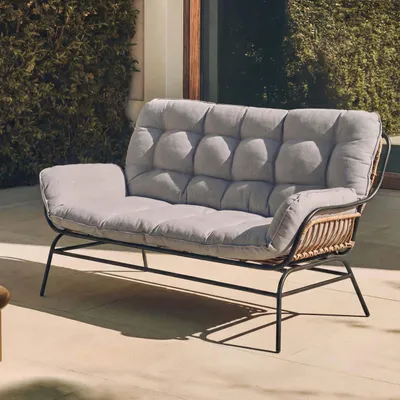 Zdjęcie produktu dla Sofa dwuosobowa HWC-P75, sofa ogrodowa Ławka ogrodowa Kanapa dwuosobowa, tkanina 220 g/m² Polirattan Metal ~ ciemnoszary, tapicerka jasnoszara