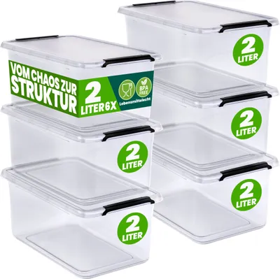 Produktbild von DEUBA® 6x Aufbewahrungsbox mit Deckel 2L Box Kunststoff Kisten lebensmittelecht BPA frei klein Klickverschluss transparent stapelbar Küche Schlafzimmer