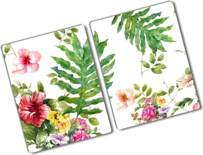 Produktbild von Tulup Glas Herdabdeckplatte - 2x40x52 cm - Glaskeramikkochfeld-Abdeckung Spritzschutz Glasabdeckplatte Kochplattenabdeckung und Schneidebrett - Zweiteilig - Blumen & Pflanzen - Blumenmuster - Grün