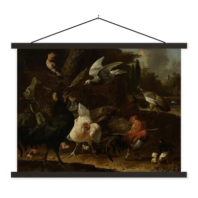 Produktbild von MuchoWow® Textilposter Vögel in einem Park - Gemälde von Melchior d'Hondecoeter 120x90 cm mit schwarzem Rahmen - Aufhänger für Poster