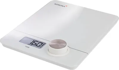 A white digital kitchen scale with a silver dial on a white background.
