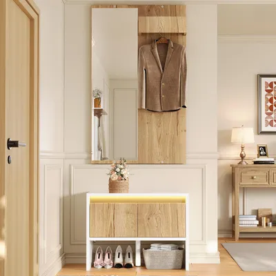 Immagine prodotto di Set armadio con specchio, dimensioni 60x38x145 cm, colore bianco, realizzato in pannello truciolare, completo di appendiabiti, contenitore per scarpe e 2 cassetti, ideale per l'ingresso
