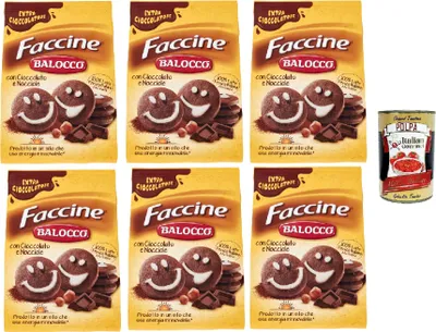 Produktbild von Balocco faccine kekse mit Schokolade & Haselnüss, Ohne Palmöl, ohne Konservierungsstoffe, 6x 700g biscuits cookies + Italian Gourmet polpa 400g