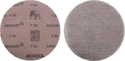 Two round sanding discs are shown side-by-side against a white background. The left disc shows the back with branding and specifications, while the right disc shows the abrasive surface.