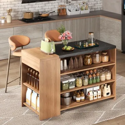 Image de Îlot de cuisine Flieks avec 5 niveaux de rangement et tiroir dissimulé, desserte avec plateau épais, meuble de cuisine 140 x 60 x 90 cm, noir, couleur naturelle