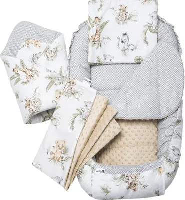 Produktbild von 5 Teile, Babynestchen, Krabbeldecke, 100x60x15, Safari mit beige Minky