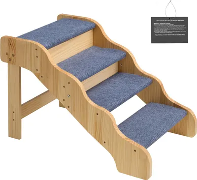 Produktbild von SucceBuy Haustiertreppe 740x430x500 mm, 4-stufige klappbare Holztreppe für kleine, mittelgroße, große und ältere Tiere sowie Welpen bis 68 kg, Tierleiter für Betten, Sofas und Fahrzeuge