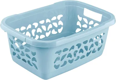 A light blue laundry basket with cut-out patterns on a white background.
