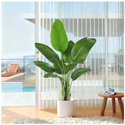 Image de Fleur d'oiseau de paradis artificielle, bananier artificiel pour la décoration d'intérieur - Grande plante d'intérieur artificielle à 9 tiges (1 pot noir, 120 cm)