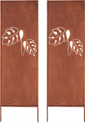 Two identical metal privacy screens with a leaf design, standing on legs.