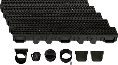 A set of black drainage channels and accessories arranged on a white background.
