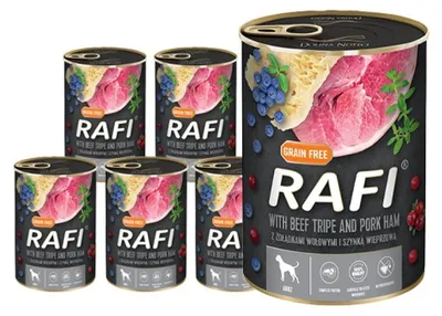 Produktbild von Rafi Nassfutter für Hunde mit Rinderpansen und Schinken, Preiselbeeren und Heidelbeeren Dose Set 12 x 400 g