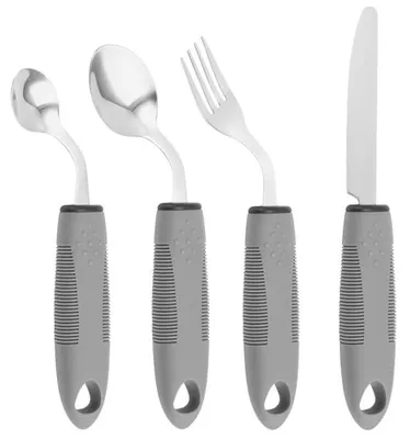 Produktbild von Biegbares Besteck fš¹r Senioren - 4-teilig - 42¡ã gebogenes Besteck - Adaptives Besteck fš¹r Parkinson und Kraftverlust - Verdicktes Besteck - Hilfsmittel fš¹r Senioren