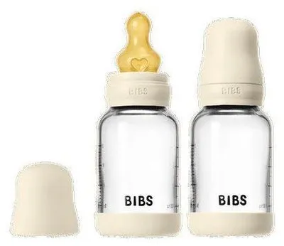 Image de Biberon bébé en verre borosilicate BIBS, Embout rond en caoutchouc naturel, 120 ml débit lent, Ivory, Pack de 2