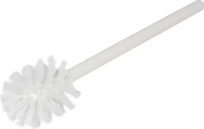 A white toilet brush with a white handle is shown against a white background.