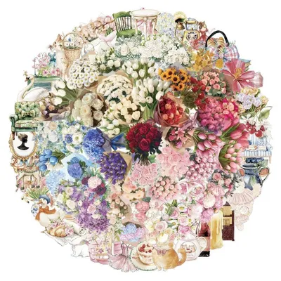 100 Satinsche Blumen-Sticker, botanische Decals, Dekoration