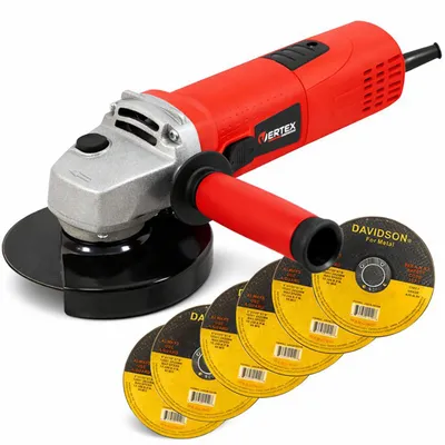 Zdjęcie produktu dla Szlifierka kątowa, 900W, 6 tarcz 125 mm w zestawie, do metalu, betonu, płytek, kamienia, flex 125, VERTEX