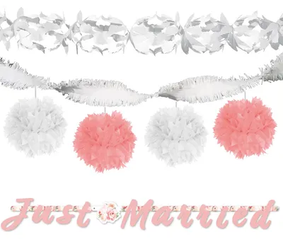 Produktbild von Hochzeitsdekoration Just Married Rosa Weiß inkl. 4x Seidenpapier Pompoms 30cm und 3x Girlanden