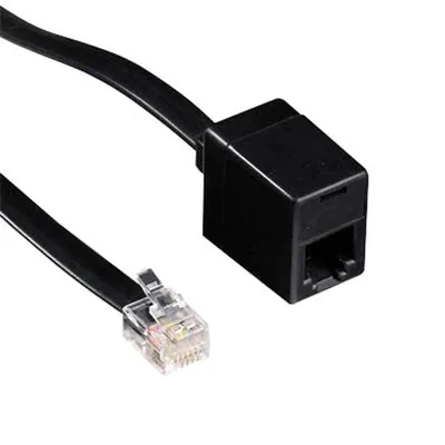 A black RJ-12 cable with a clear connector and a black adapter.
