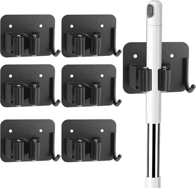 Imagen del producto de Juego de soportes para escobas, de 6 piezas, acero inoxidable, color , para montaje en pared
