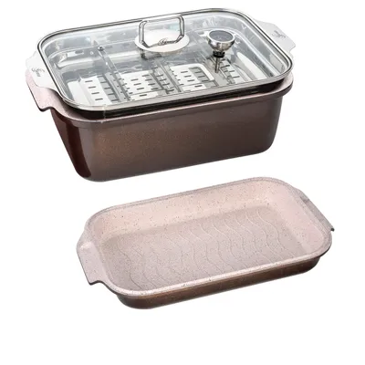 A roasting pan and a separate baking dish are shown against a white background.