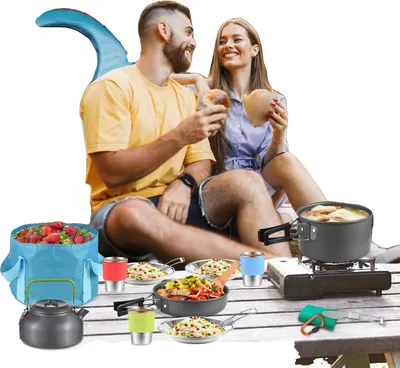 Produktbild von Camping Kochgeschirr Set, Hochwertiges Aluminium, Topf 3L, Pfanne 2L, Leicht und tragbar, Umweltfreundliche Materialien