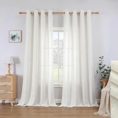 Gardine mit Ösen, 2er-Set, 175x140 cm, lichtbeige, halbtransparent, Leinenlook