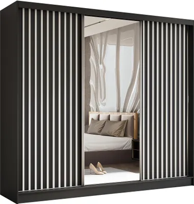 Image de Armoire HELIX 240 cm avec lamelles - armoire style moderne avec portes coulissantes & miroir (noir + blanc)