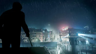 A silhouetted figure stands on a rooftop in the rain, overlooking a city at night. The city is illuminated by streetlights and building lights, with a prominent neon sign on one building.