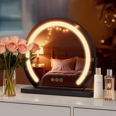 Produktbild von S'AFIELINA Schminkspiegel Kosmetikspiegel Rund mit LED Beleuchtung und Touch Schalter, 3 Lichtfarben Dimmbar Memory Funktion Schwarzer Rahmen, Φ 40cm