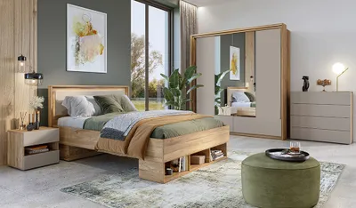 Produktbild von Schlafzimmer komplett Set mit Bett 160x200 cm in Eiche mit beige ISPARTA-83 inkl. LED Beleuchtung