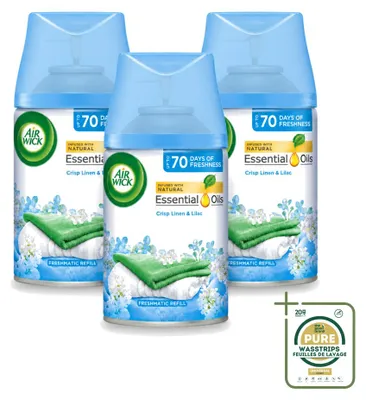 Obrázok produktu pre 3 kusy náplne do automatického osviežovača vzduchu Air Wick Freshmatic – vôňa "Čerstvá bielizeň a fialky" – 250 ml – balenie