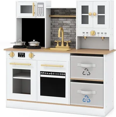 Imagen del producto de Cocina de juguete, cocina infantil con horno, efectos de sonido y luces, incluye 2 cajones de tela plegables y accesorios de cocina, cocina de madera para niños a partir de 3 años (color natural)