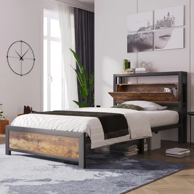 Produktbild von okwish Metallbett Einzelbett 90 x 200 cm mit Stauraum-Kopfteil und Metall Lattenrost, Jugendbetten Kinderbett Metall Bettgestell Bettrahmen, Schwarz