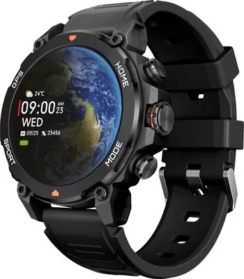 A black smartwatch with a colorful display showing the Earth and time.
