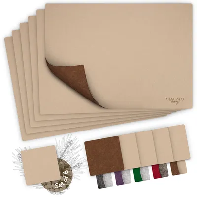Produktbild von Unyqoos® Filz-Platzsets & Glasuntersetzer – 12‑teiliges, doppelseitiges Tischset aus Filz, hitzebeständig, Beige/Braun, 42 x 30 x 0,5 cm, 5 mm