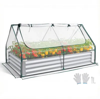 Immagine prodotto di Aiuola rialzata in metallo - Aiuola rettangolare per giardino e orto 180 x 90 x 30 cm - Con copertura per serra - Set di fioriere con guanti - Per fiori e ortaggi - Per esterni