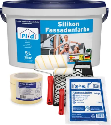 Produktbild von Plid Silikon Fassadenfarbe Weiß 5l für ca. 35m² / Aussenfarbe + Anstreichset
