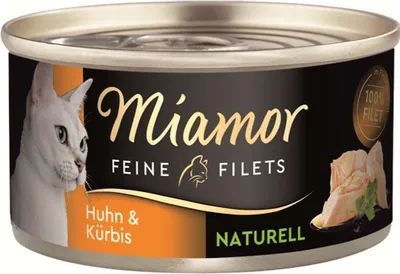 A can of Miamor cat food with a cat illustration and product details.