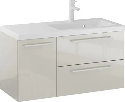 Produktbild von FURNI Waschtischunterschrank RON 90 D P cm - Kaschmir - Hängender Badschrank mit Mineralguss - Waschbecken - Griffe Weiß matt - Vormontiert