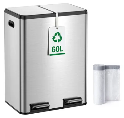 Immagine prodotto di Contenitore per rifiuti da cucina, in acciaio inossidabile, capacità 60 litri, con 2 scomparti da 30 litri ciascuno, dotato di filtro anti-odori