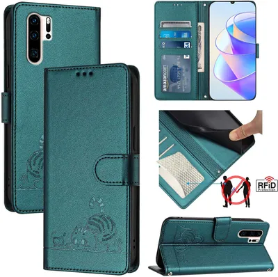 Produktbild von Leder Hülle für Huawei P30 Pro Süße Katze Flip Case Brieftasche Schutzhülle mit Standfunktion Grün