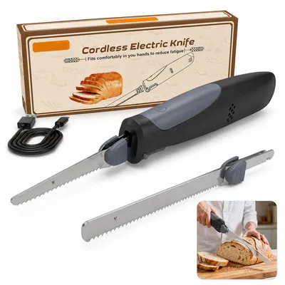 Produktbild von Elektromesser kabellos, Akku Kš¹chenmesser mit 2 Edelstahlklingen und Gabel, elektrisches Messer mit 2000mAh Akku fš¹r Fleisch, Brot, Fisch, Gemš¹se und K?se