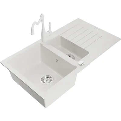 Obrázek produktu pro Mexen Matias 1,5-miskový granitový dřez s odkapávačem a kuchyňskou baterií Carla, Bílá - 6502-20-670700-20