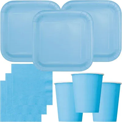 Produktbild von Party Deko Set hellblau Einweggeschirr für 14 Personen eckige Teller, Becher, Servietten