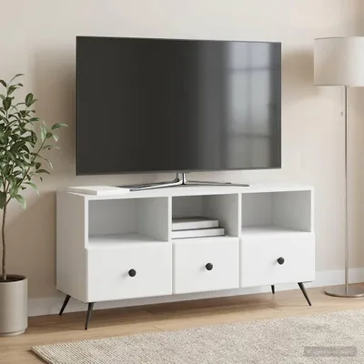 Image de Meuble TV exclusif - Étagère TV avec tiroirs, blanche, 102 x 34,5 x 50 cm, en panneaux de particules